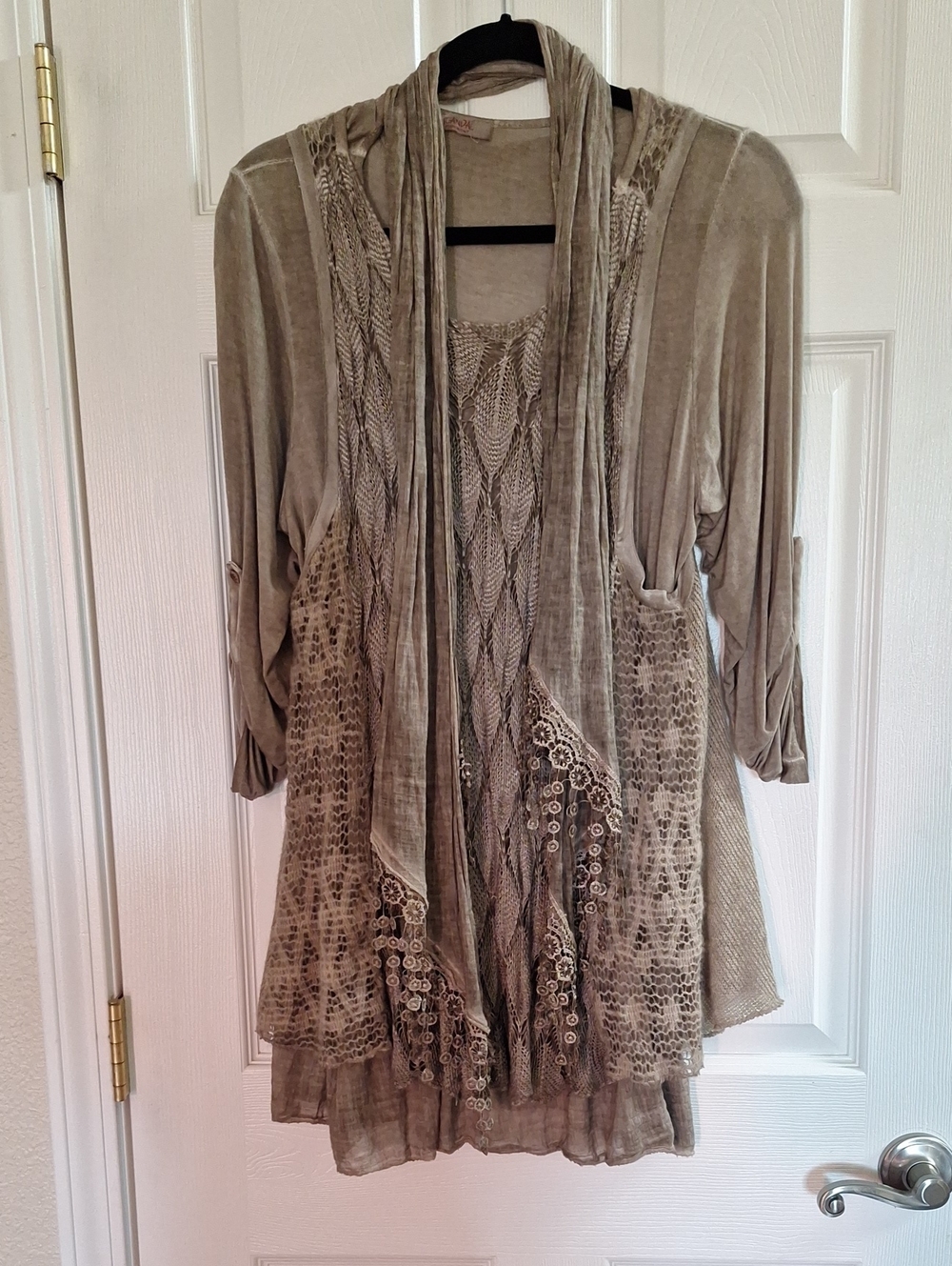 Women’s Western Layered Knit & Lace Layered Vintage- Look Tunic - Taupe